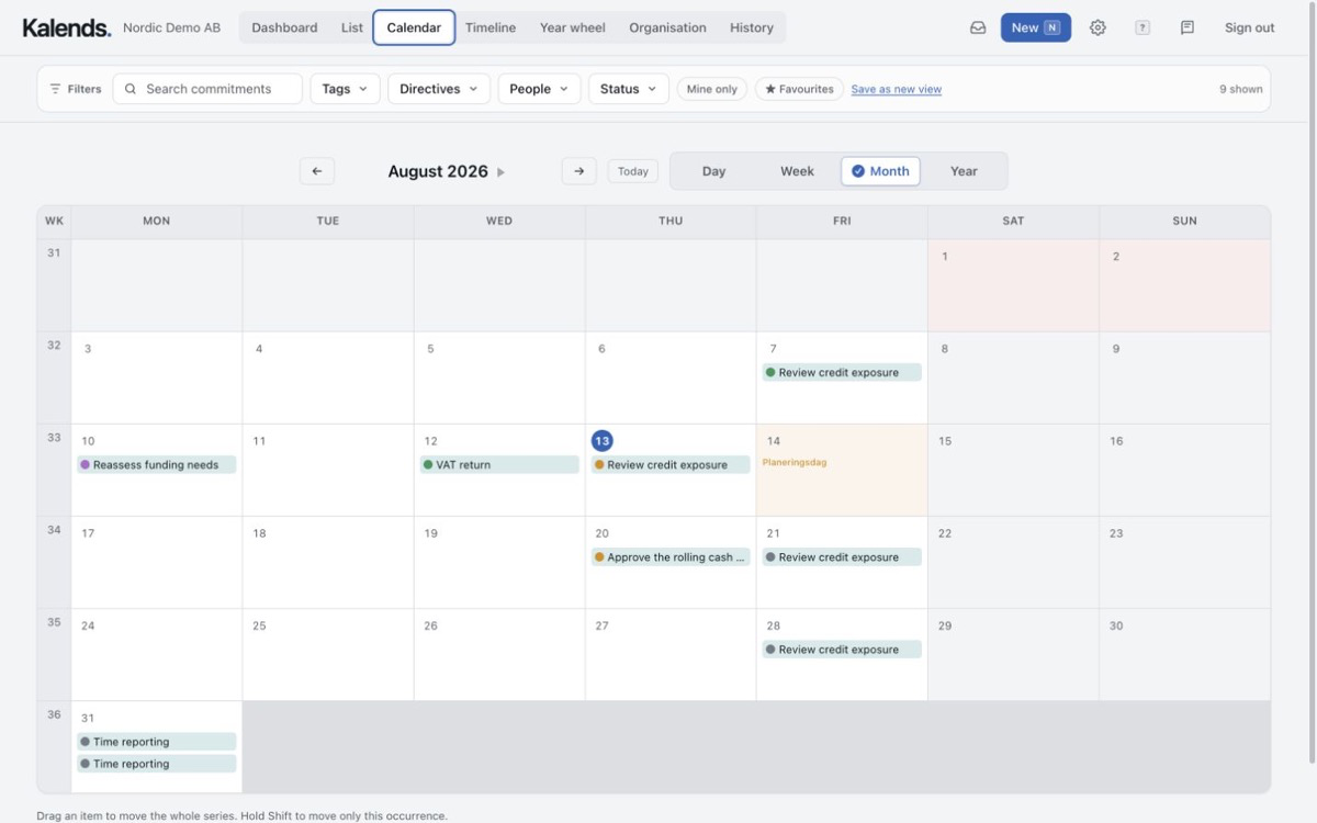 Kalends month calendar with important shared dates and recurring commitments for a team