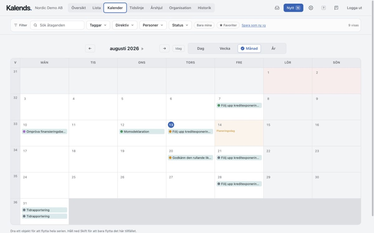 Kalends månadskalender med viktiga gemensamma datum och återkommande åtaganden för ett team